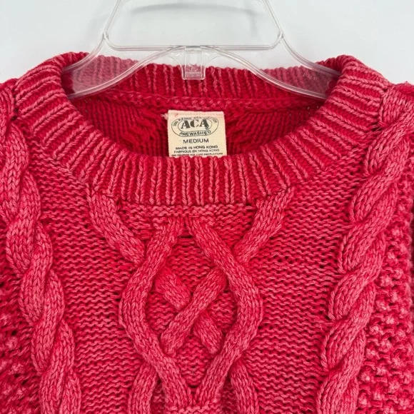 Cable Knit “ACA”  Sweater Adult M Chunky Cotton Cottagecore Cozy Fisherman Red - Picture 6 of 8